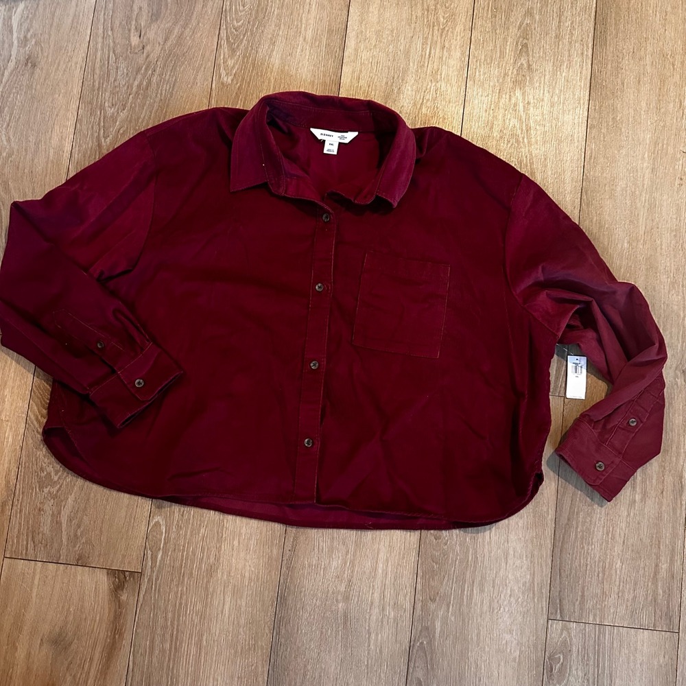 Old Navy Womens XXL Cropped Corduroy Shirt Burgundy Maroon Long Sleeve Button Up